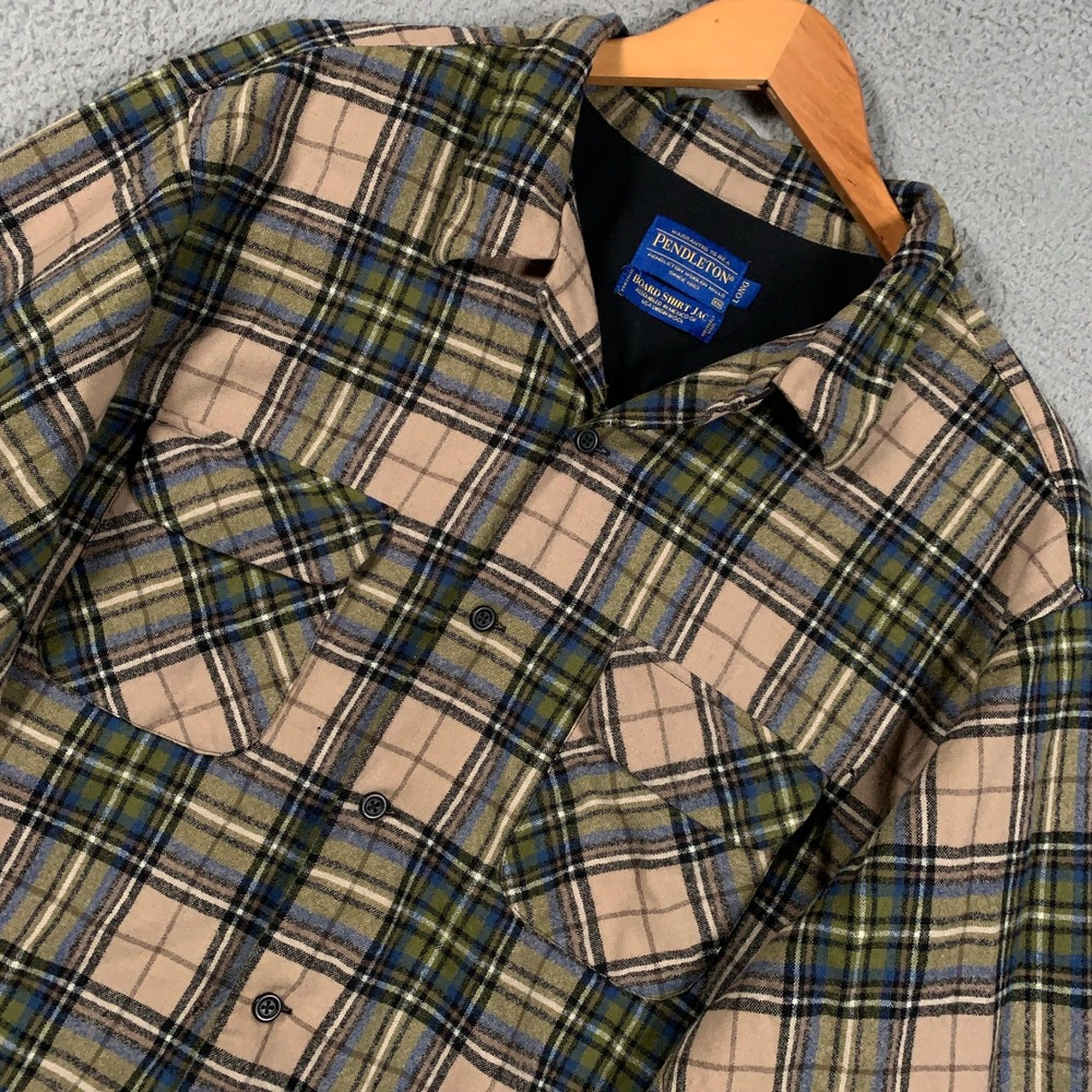 Pendleton Board Shirt Jac Men's XXL 2XL Long Green/Tan Plaid Virgin Wool Jacket